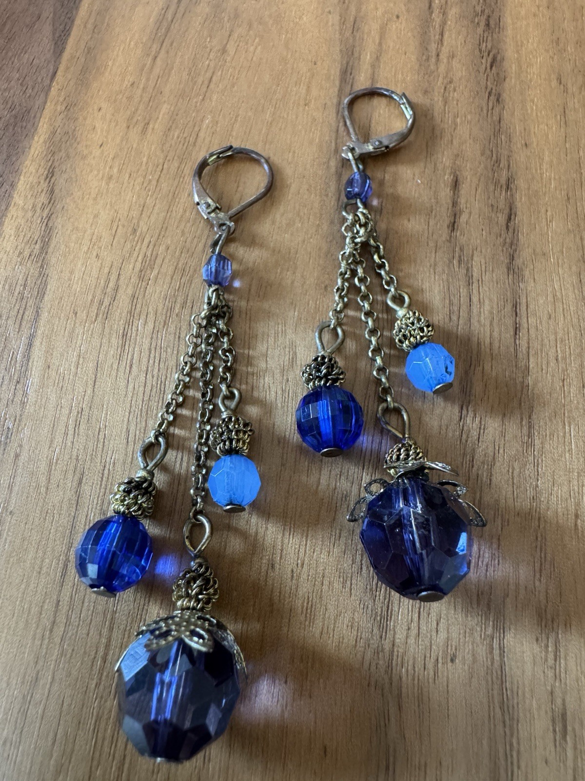 VTG MCM Lucite Earrings Faux Amethyst Sapphire ChalcedonyBrass Lever Back Boho