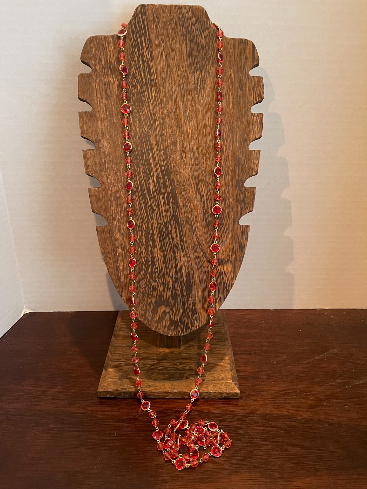 Vintage Long Open Bezel Red Plastic Lucite Necklace Gold Tone Chain