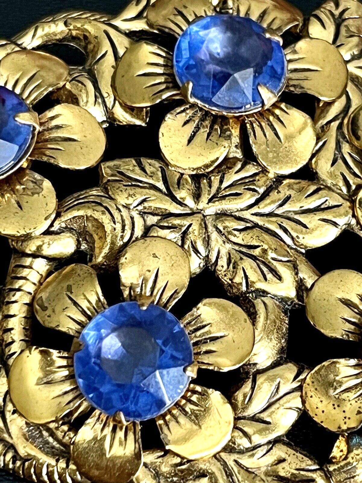 Vintage CZECH ART DECO Pin Pronged Blue Stones Gold Tone Filigree Design