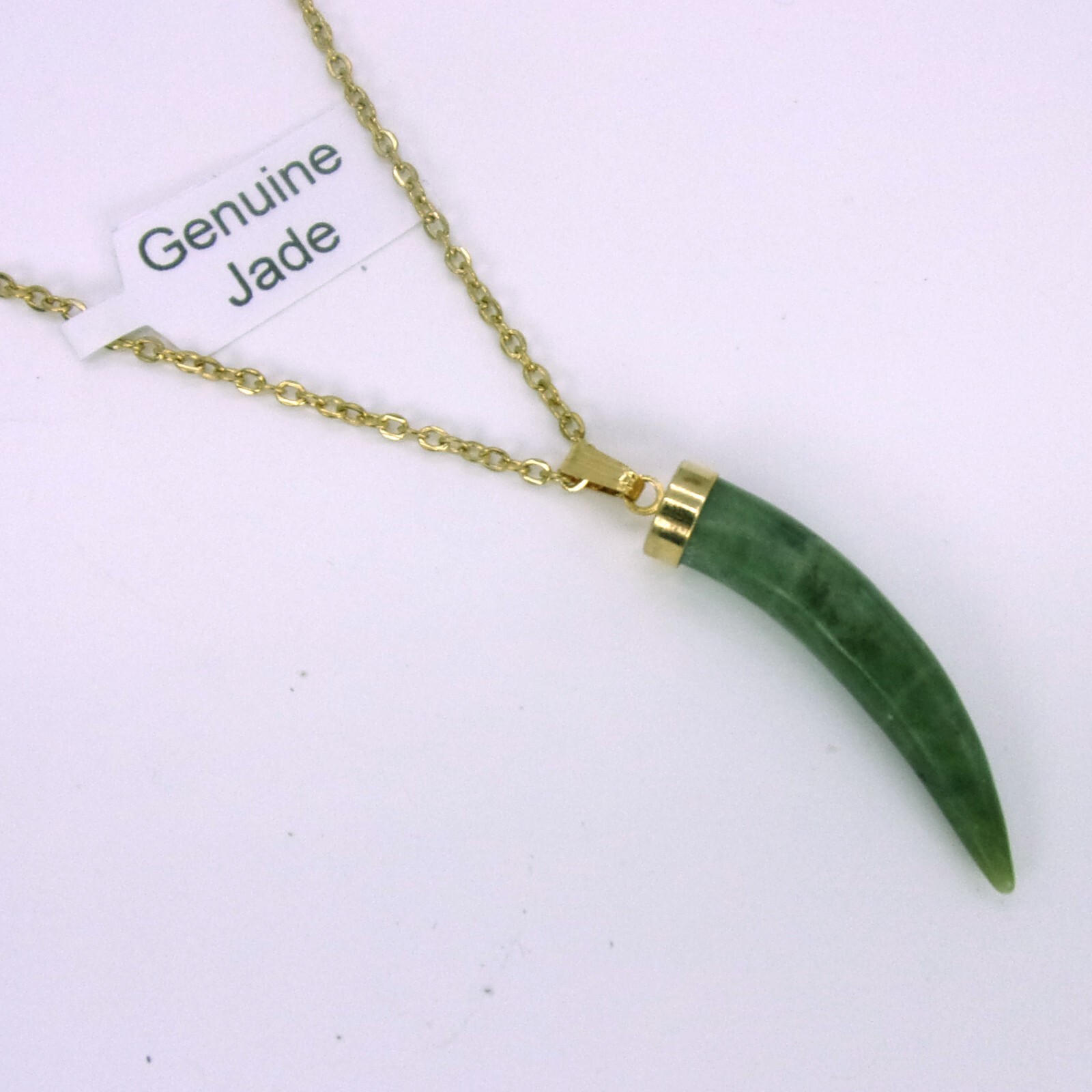 Carved Jade Horn Necklace,Vintage 1970s Horn Necklace,New Old Stock Gold Finish
