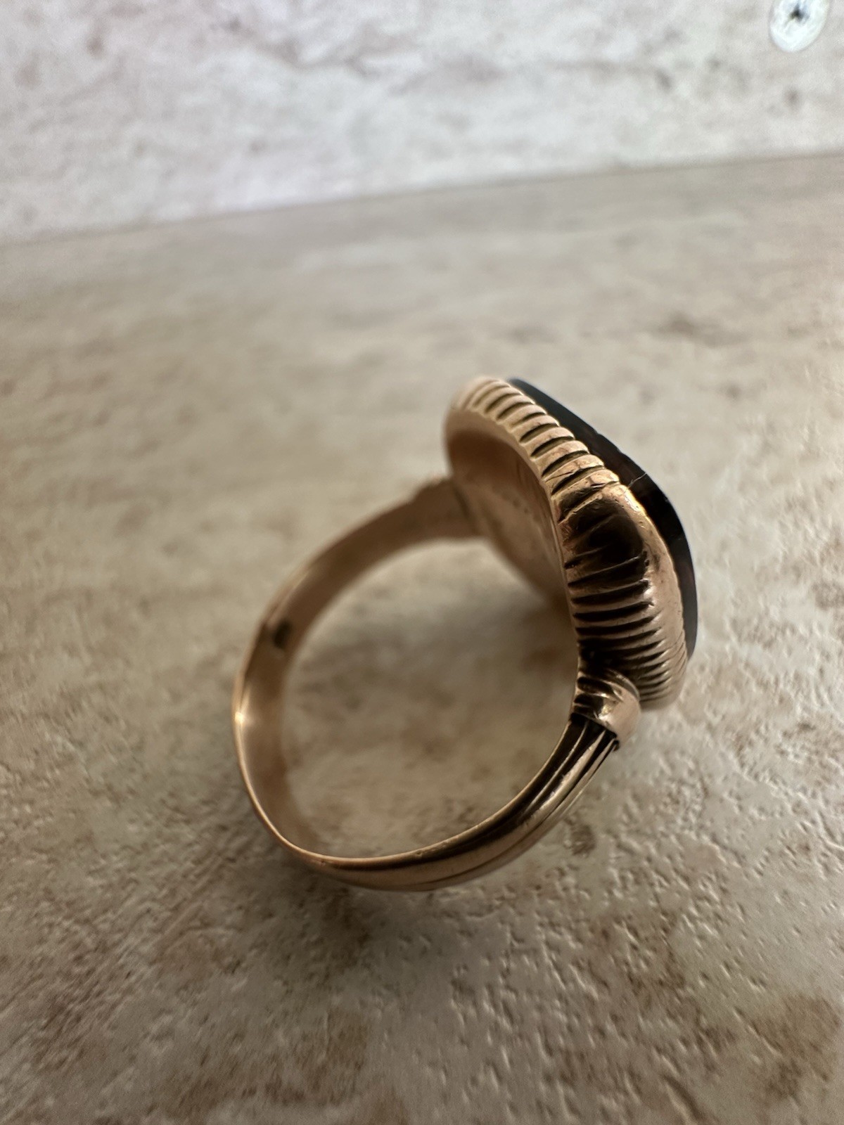 An authentic Victorian Black Onyx ring Intaglio 14k Rose Gold from 1886 size 9.5