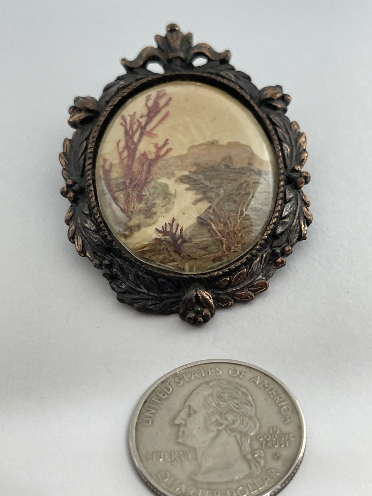 Vintage W. Australia Bark Painting Collage Landscape Copper Color Brooch Pendant