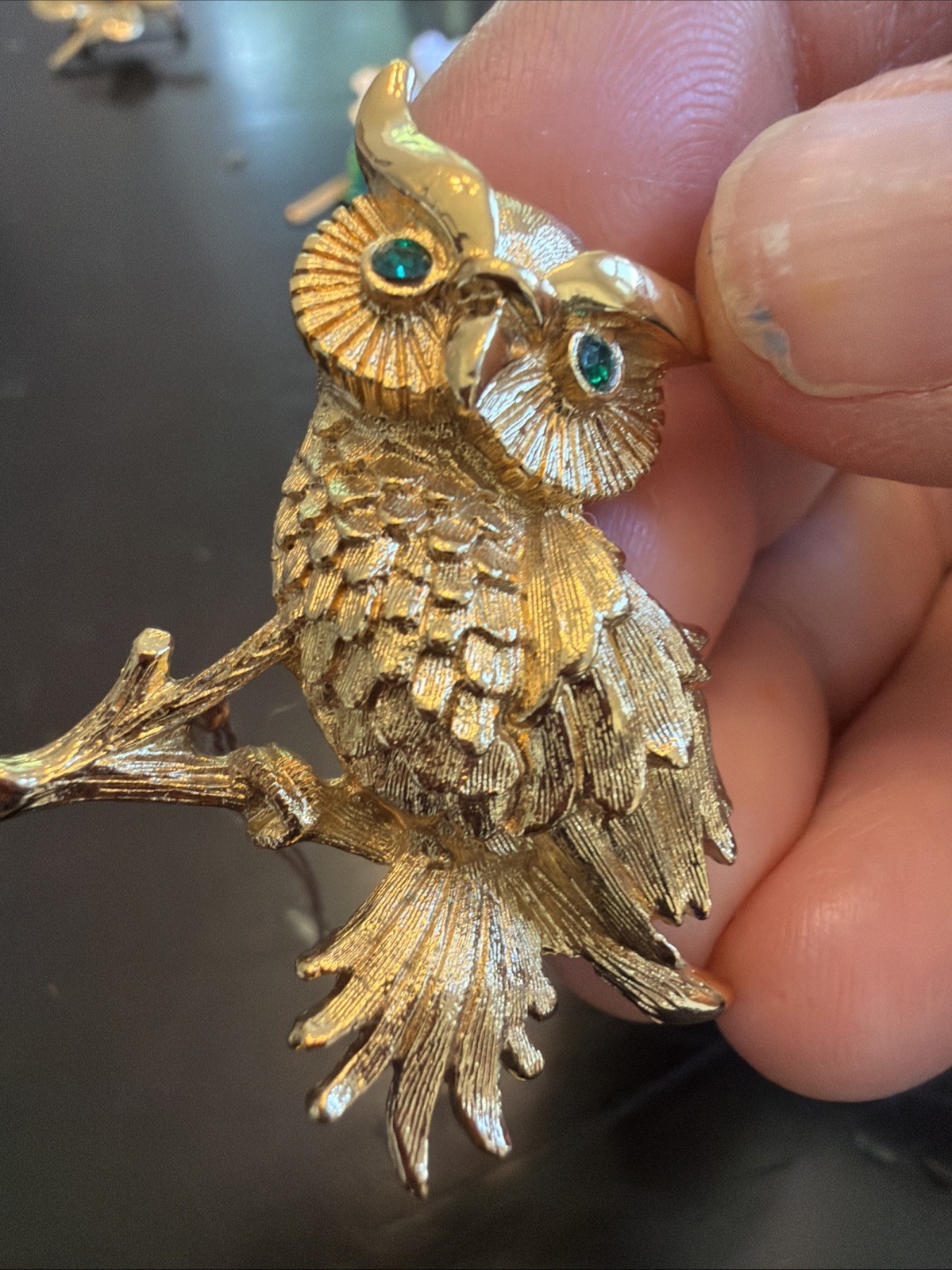 Vintage Signed MONET Owl Brooch Pin Green Rhinestone Eyes Gold Tone Orginal Tag