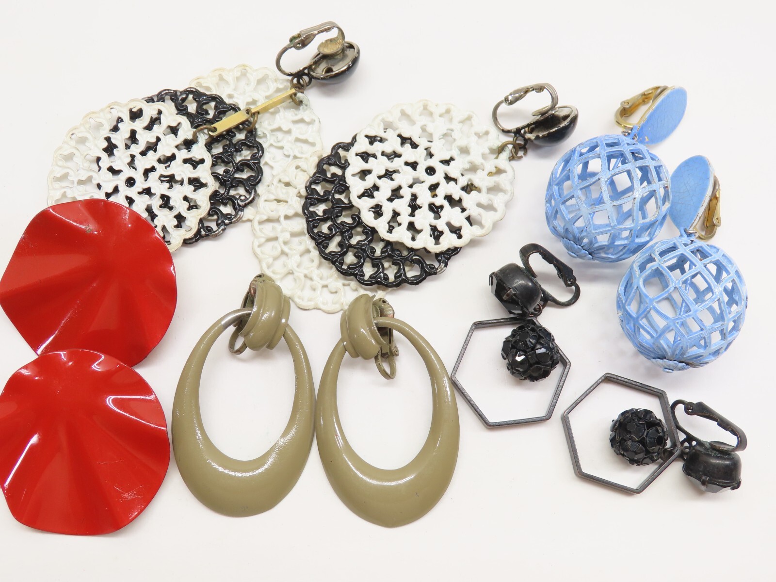 Vintage Earrings Enamel Clip On Lot Hoop Dangle + Minor Wear D2539