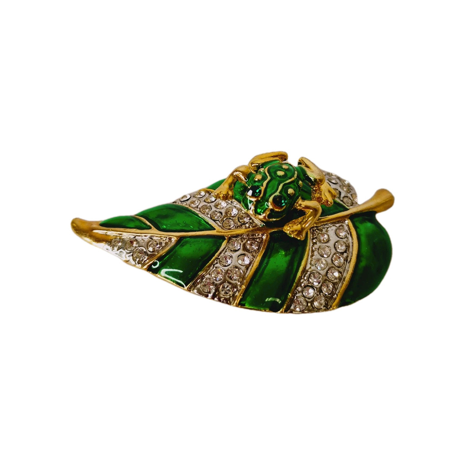 Vintage Estate Frog Brooch Pin Green Enamel Rhinestone Costume Jewelry Yes As