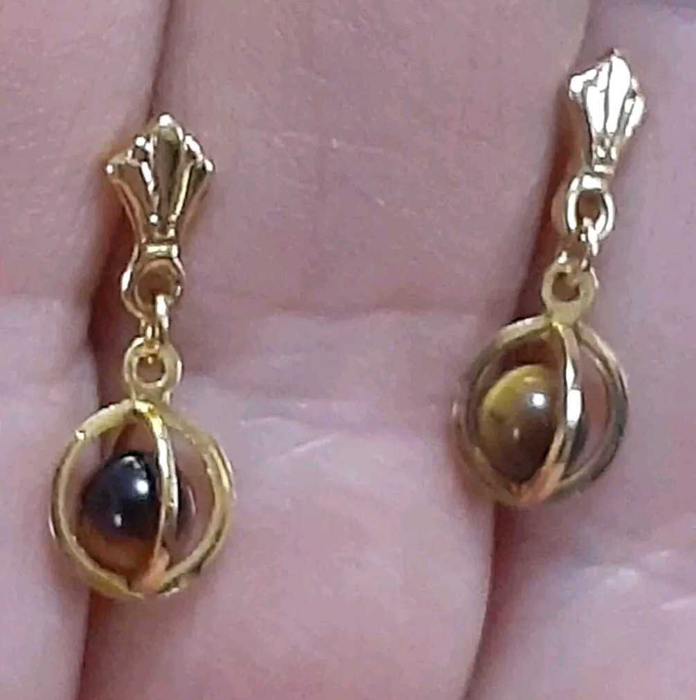 Dainty Tiger’s eye gemstone caged gold tone dangle drop earrings