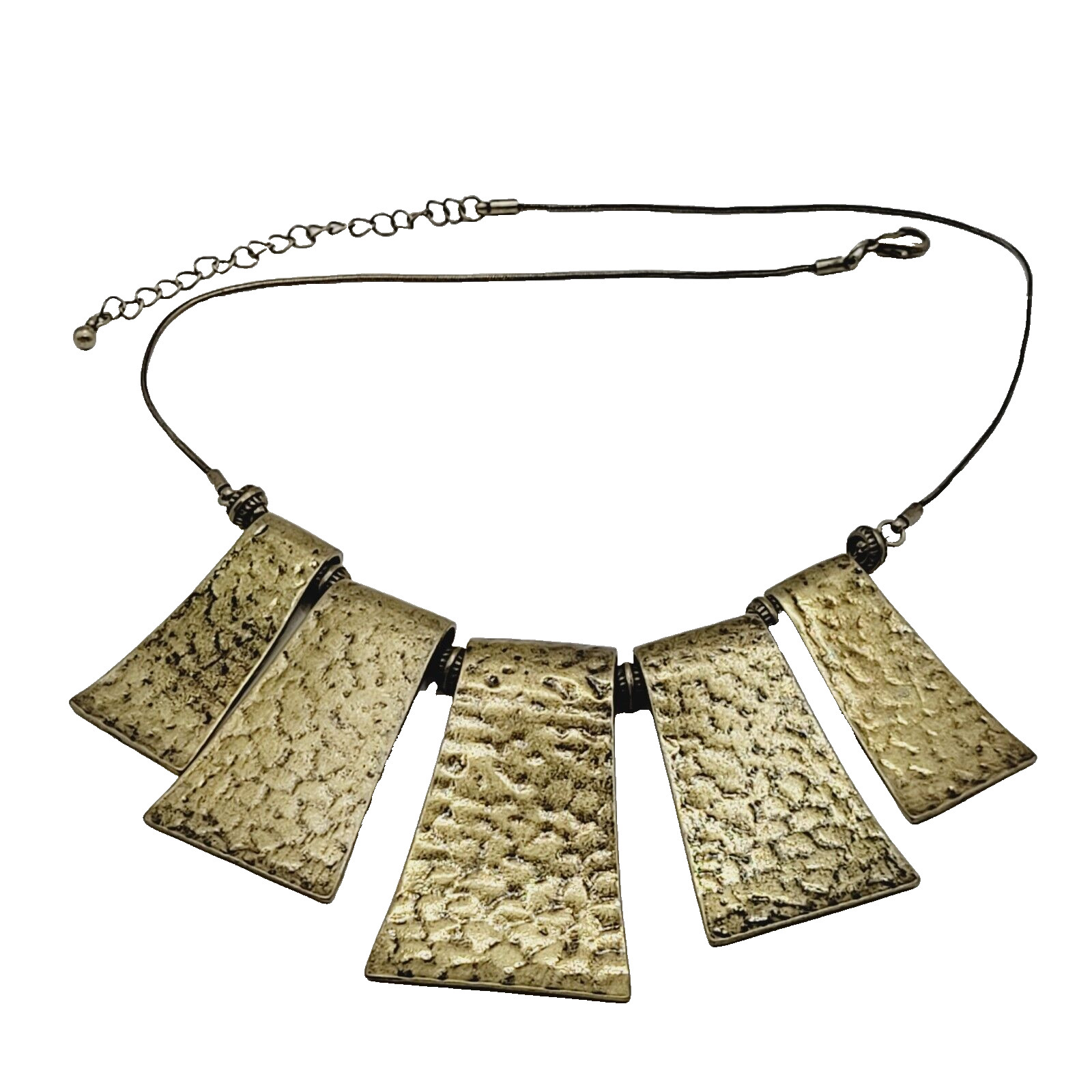 Exotic Hammered Style 5 Metal Plate Bib Necklace Brutalist Cleopatra Look 21 In