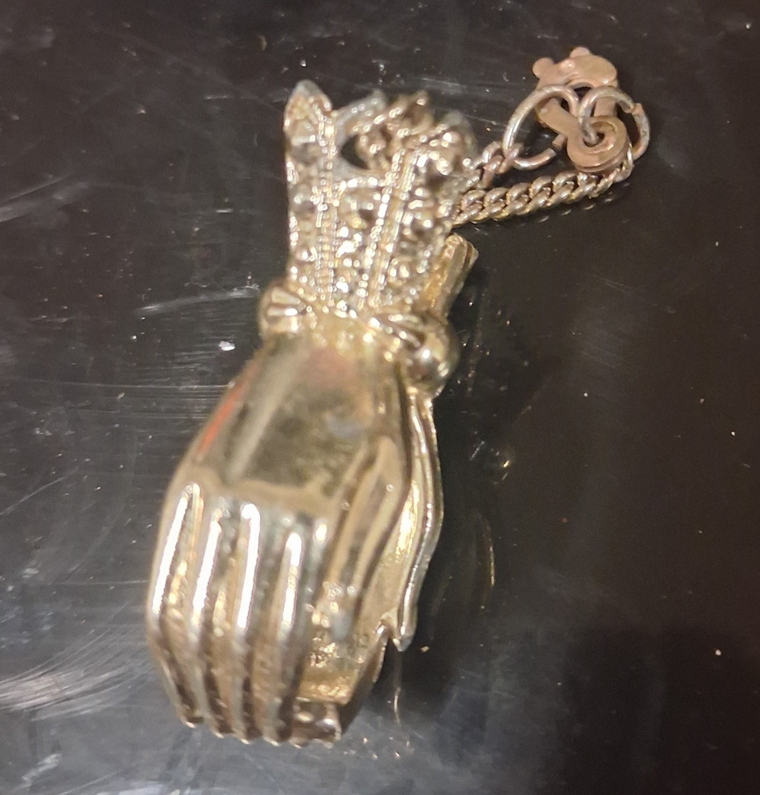 Silver Tone Hand Charm Pendant Necklace, Curb Link Chain, Lobster Clasp