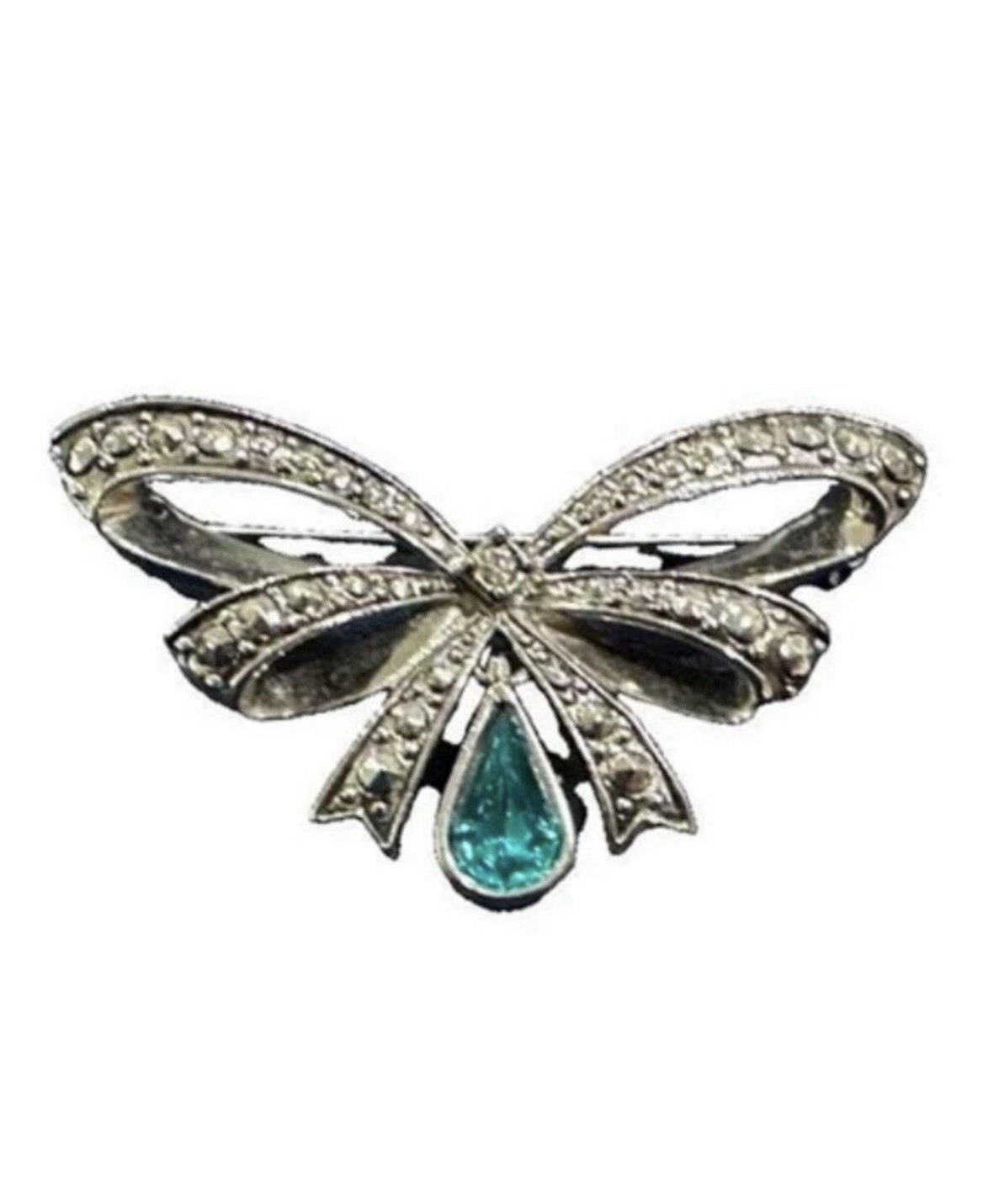 Vintage Avon December Birthstone Bow Brooch Teal Blue Zircon Rhinestone Pin