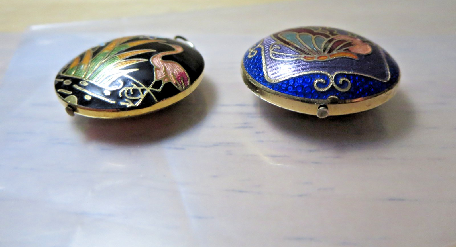 Vintage Cloisonne Flower & Butterfly Superb Pendants Gold Fill Lining Enamel GT