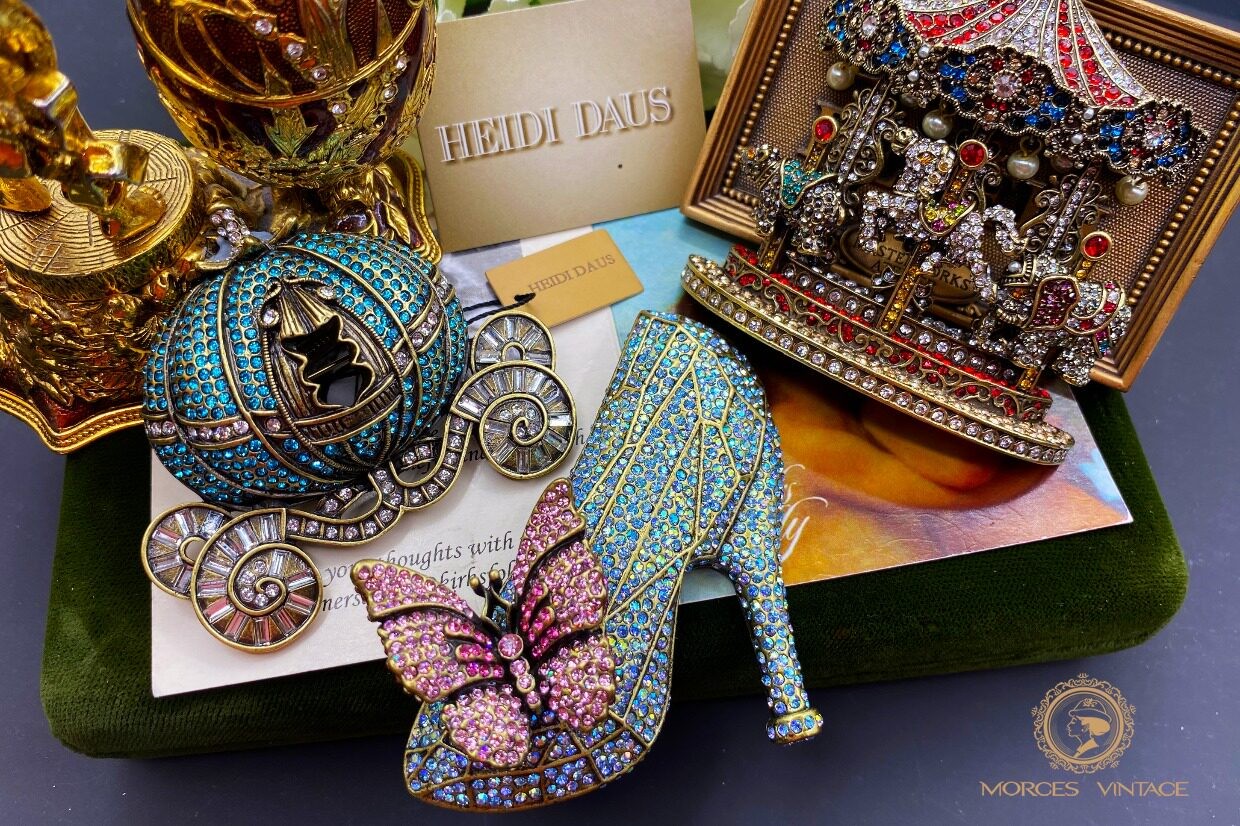 HEI Antique Gold Austrian Crystal Kingfisher Butterfly Love Heart Unicorn Brooch