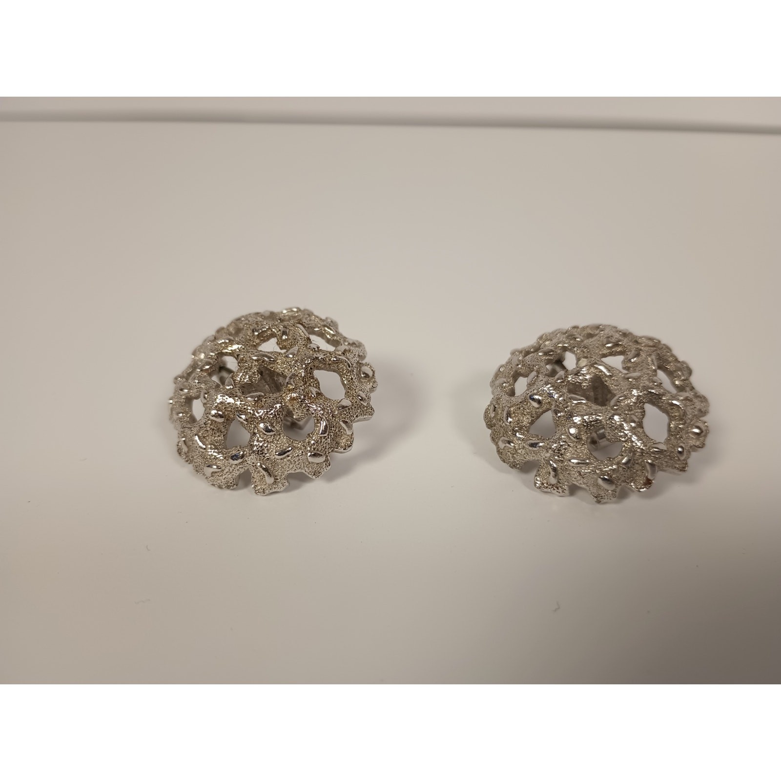 Vintage Crown Trifari ClipOn Earrings Textured Openwork Silver Tone Dome 50s,60s