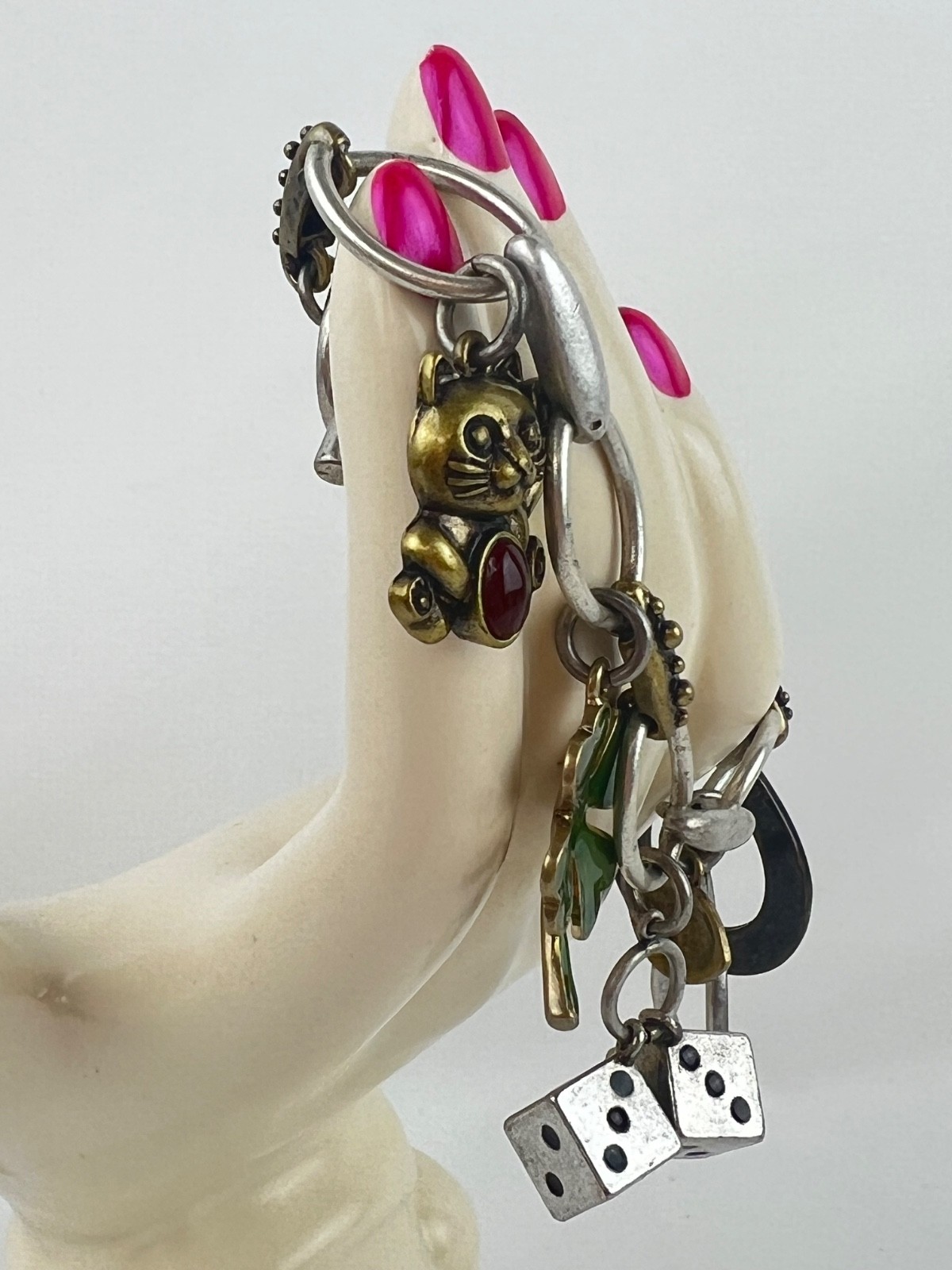 Matte Silver Metal Good Luck Charm Bracelet Dice Shamrock Wishbone Horseshoe 8″