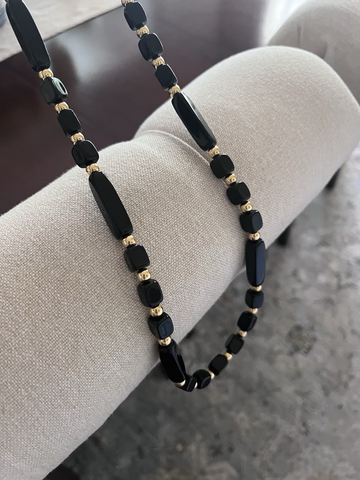 Trifari Signed 1970’s 1980’s Black Gold Resin Acetate Metal Beaded 30” Necklace