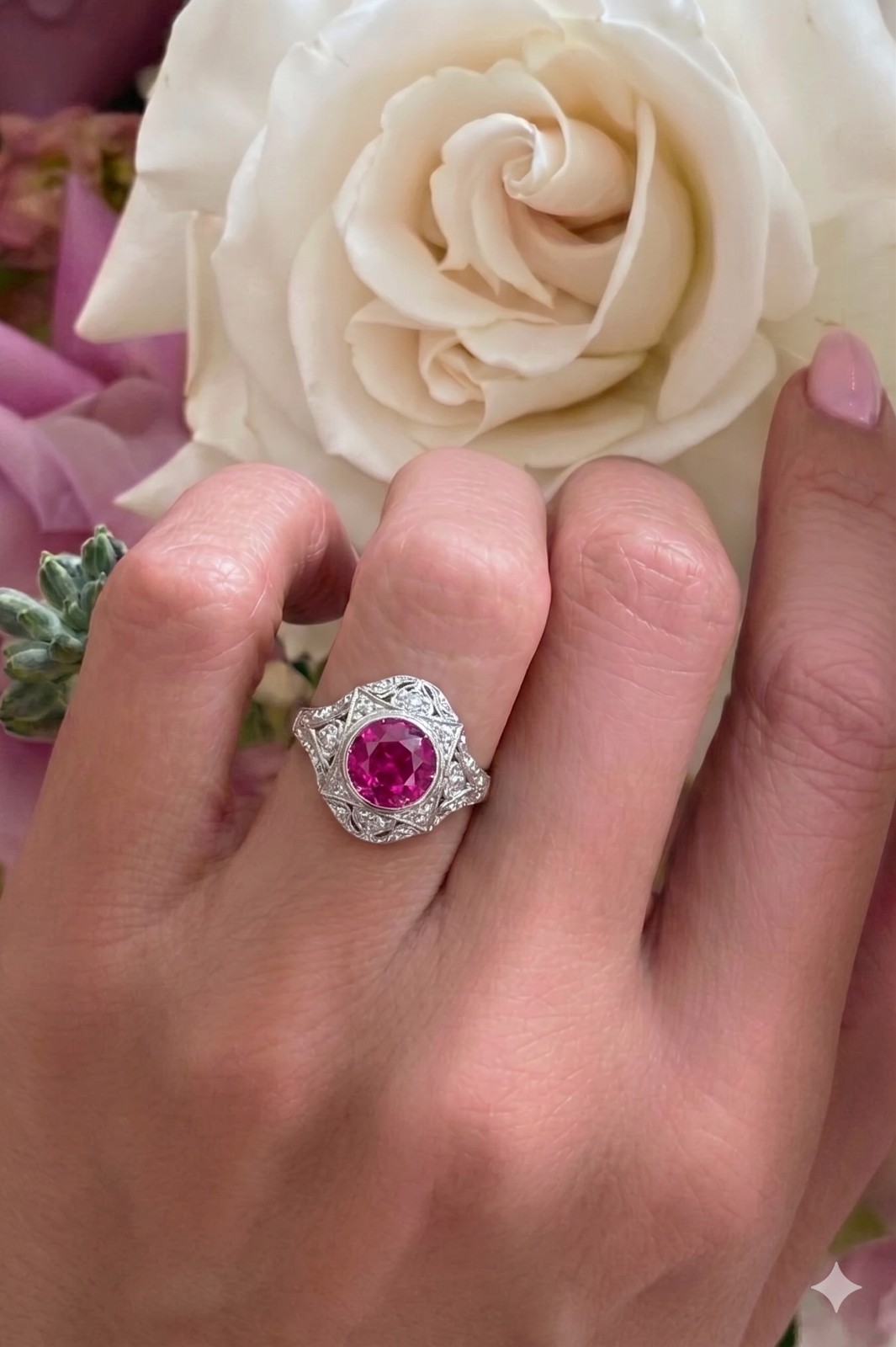 Vintage 14k White Gold Engagement Ring 2.92CT. Gem Pink Sapphire Round Cut