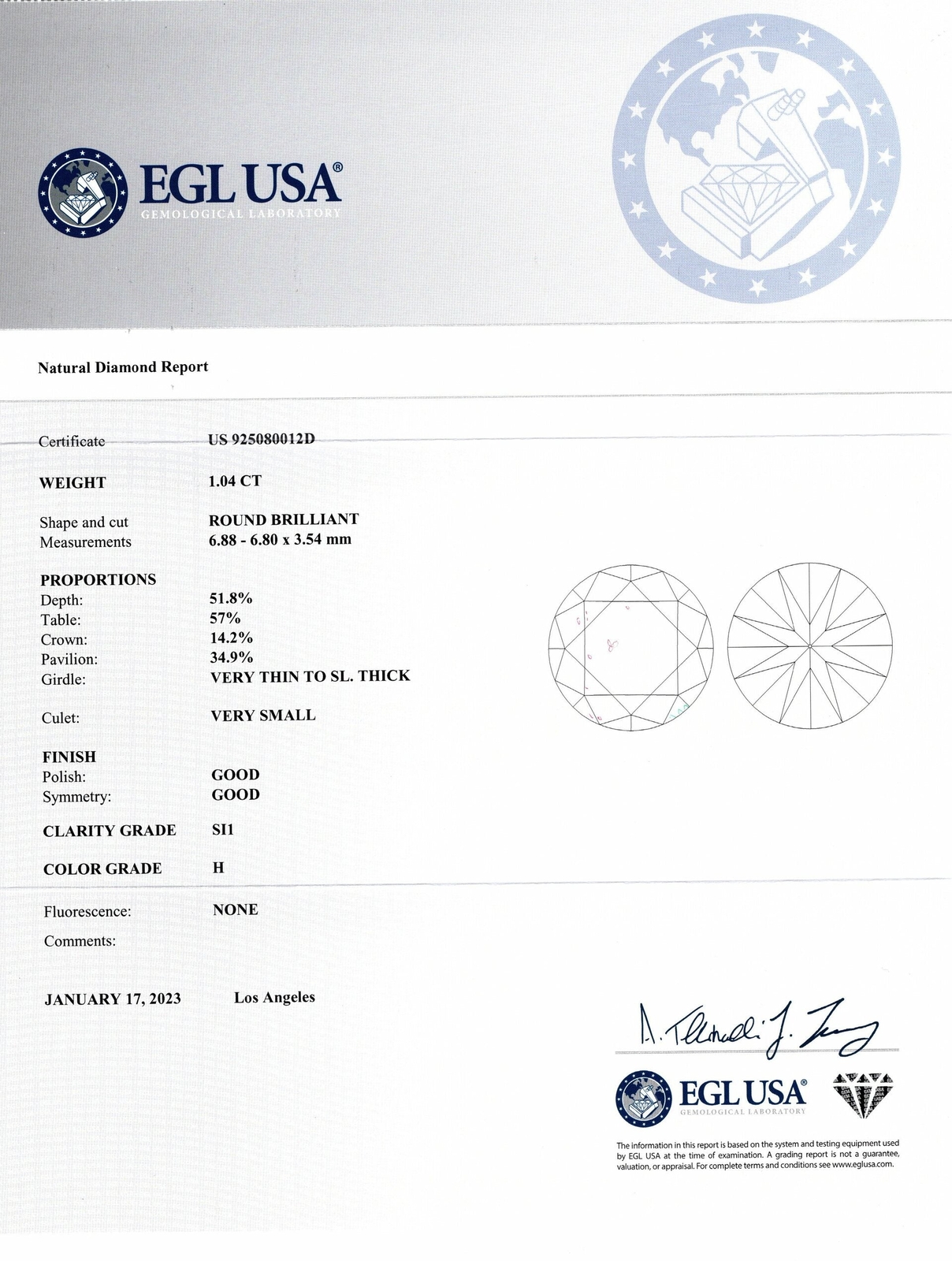 1.04ct CERTIFIED H SI1 DIAMOND 6.85mm LOOSE ROUND CUT NATURAL EARTH MINED 1ct