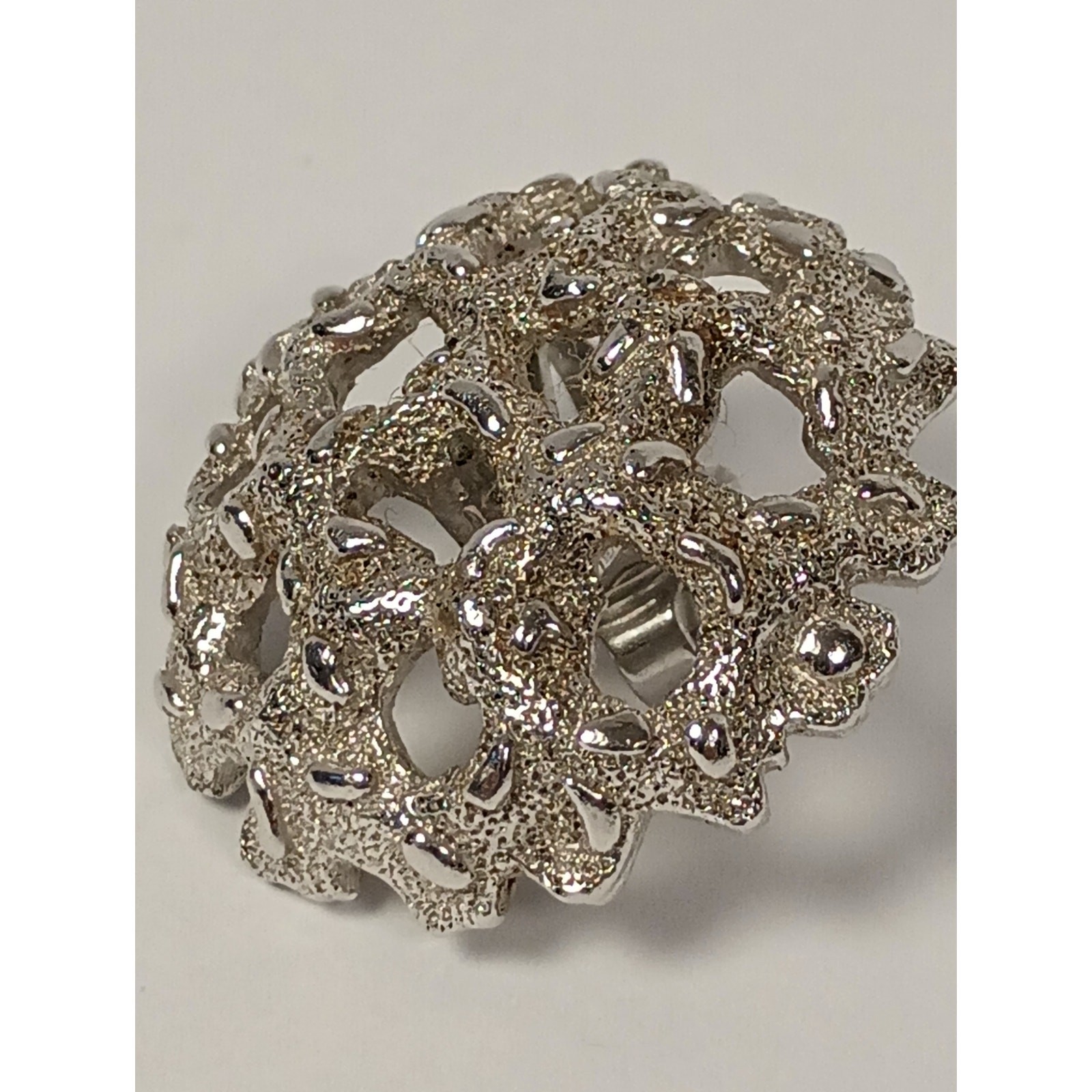 Vintage Crown Trifari ClipOn Earrings Textured Openwork Silver Tone Dome 50s,60s
