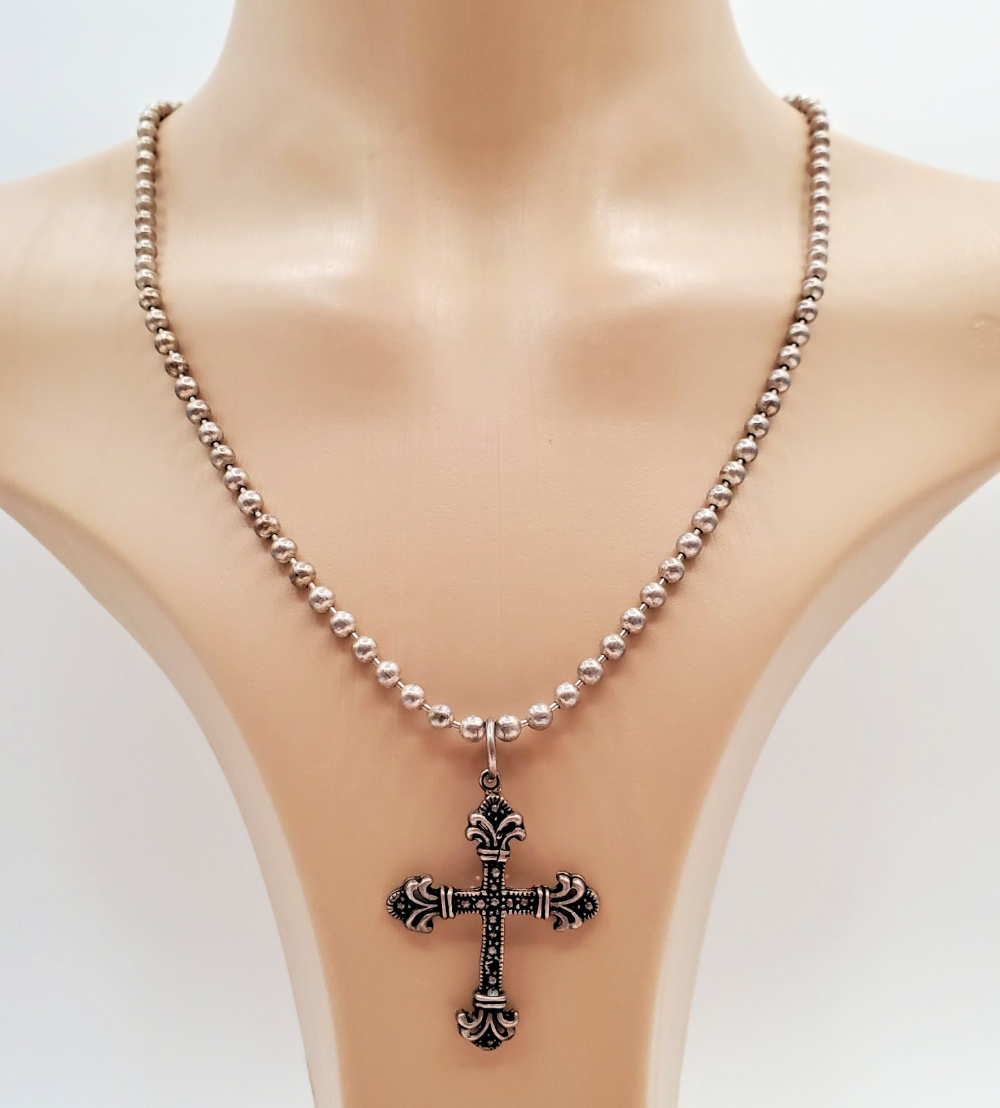 VTG 925 Ornate Cross Necklace 20in Sterling Silver 27g Ball Chain Italy Estate