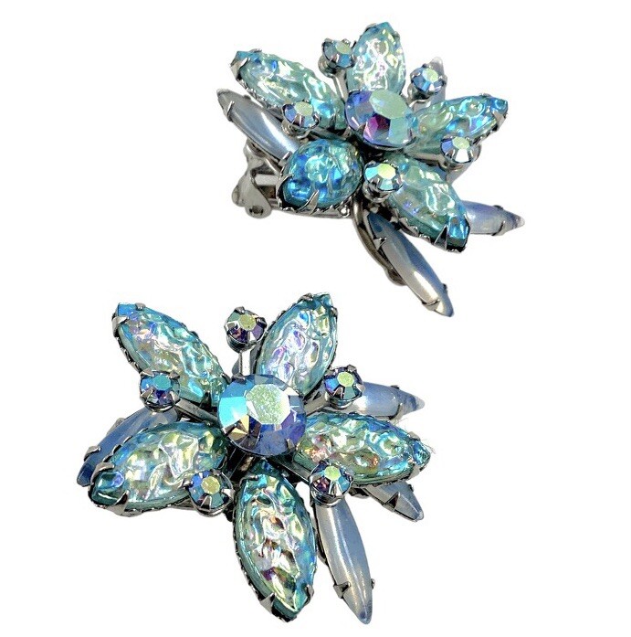 Vintage Judy Lee Blue Iridescent Glass Floral Clip Earrings AB Rhinestone 1960s