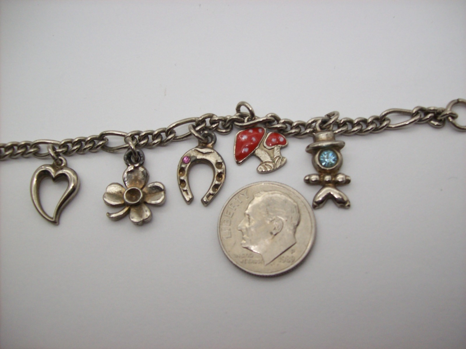 Vintage Silvertone Mix GOOD LUCK Charm Bracelet, Enamel, some made in Germany