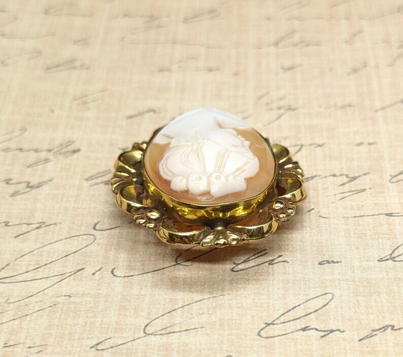 Vtg Carved Shell Cameo Pendant Gold Filled Left Facing Lady Brooch Pendant