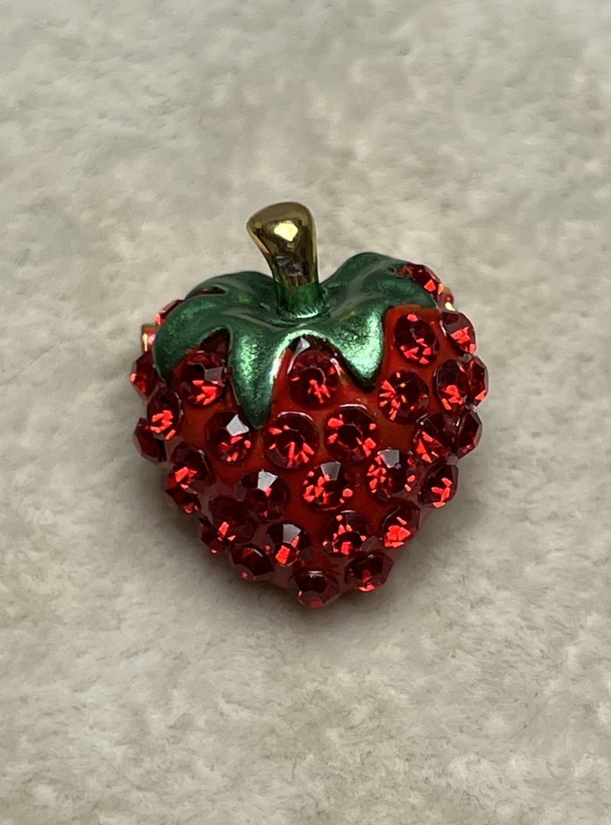 Vintage Tiny Red Rhinestone Strawberry Brooch .75”