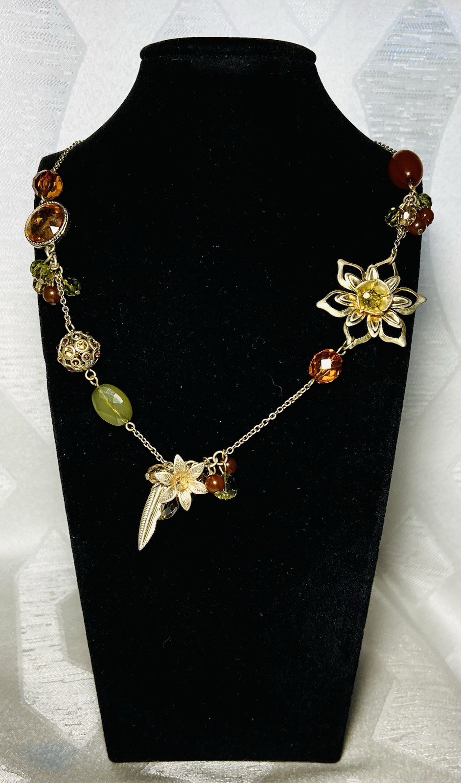 Vintage Boho Charm Necklace Asymmetrical Floral Glass Bead 16-20”