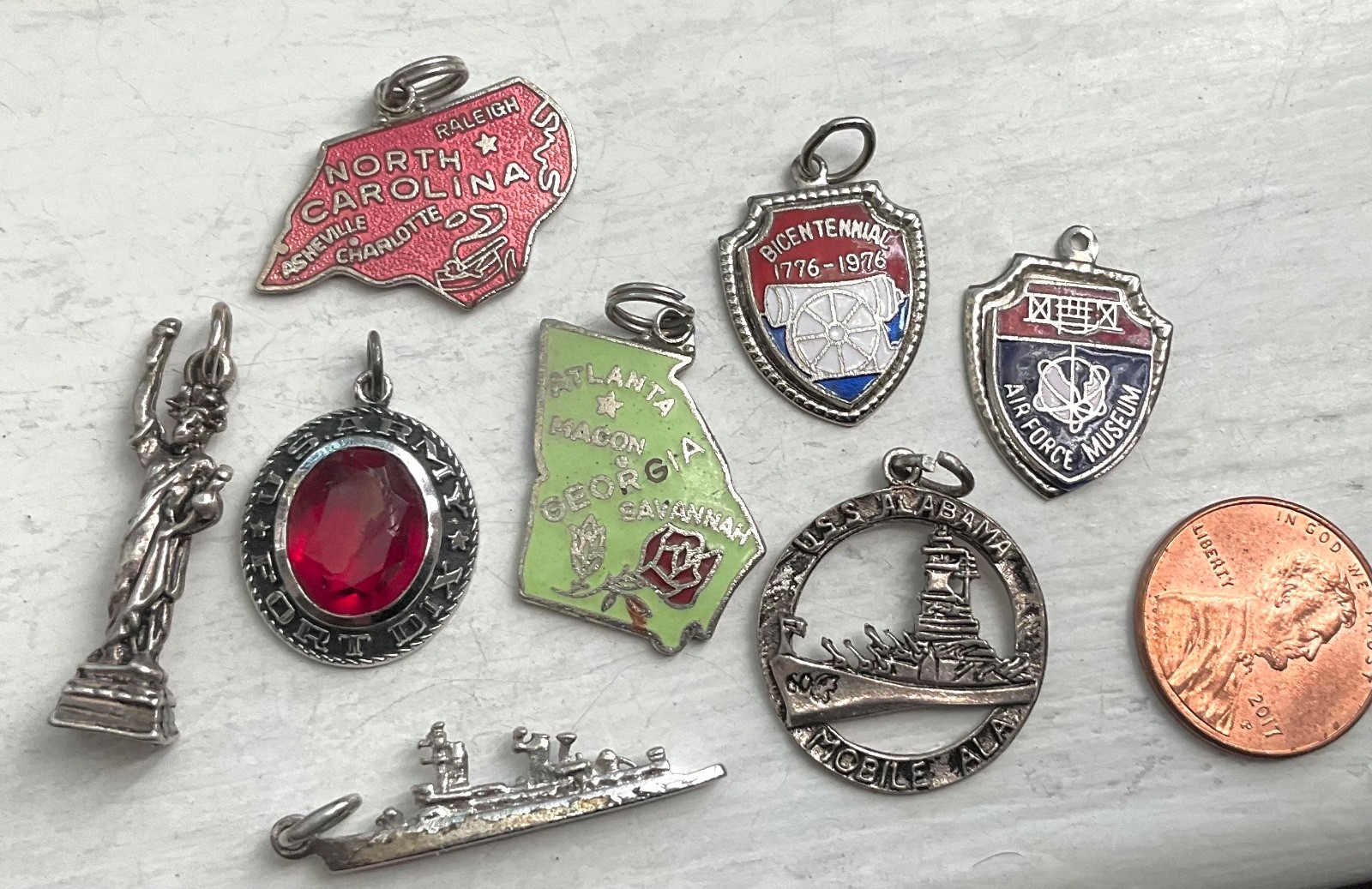 Vintage Enamel Sterling Charms USA STATE MAPS MILITARY USS ALABAMA MISS LIBERTY