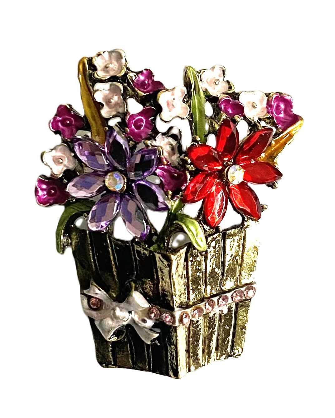 FLOWER BASKET BROOCH! Enameled & Sparkling Multicolor Crystals. Ribbon & Bow!