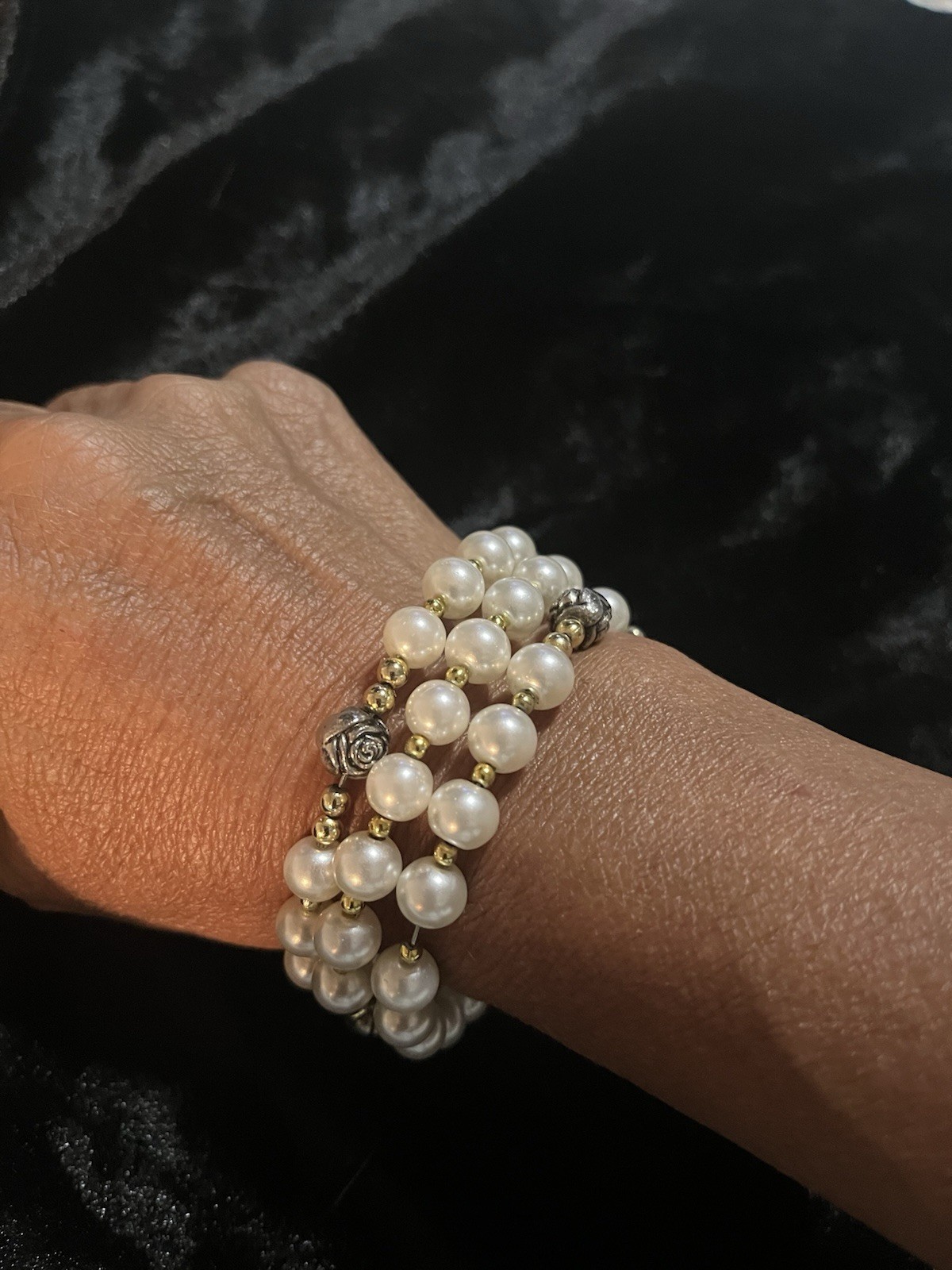 Vintage Faux Pearl Sterling Silver Coil Rosary Bracelet
