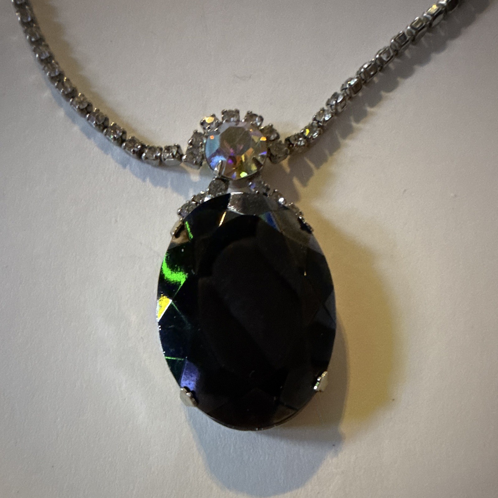 Vintage Mystic Crystal Large Oval Statement Pendant Necklace Missing Clasp