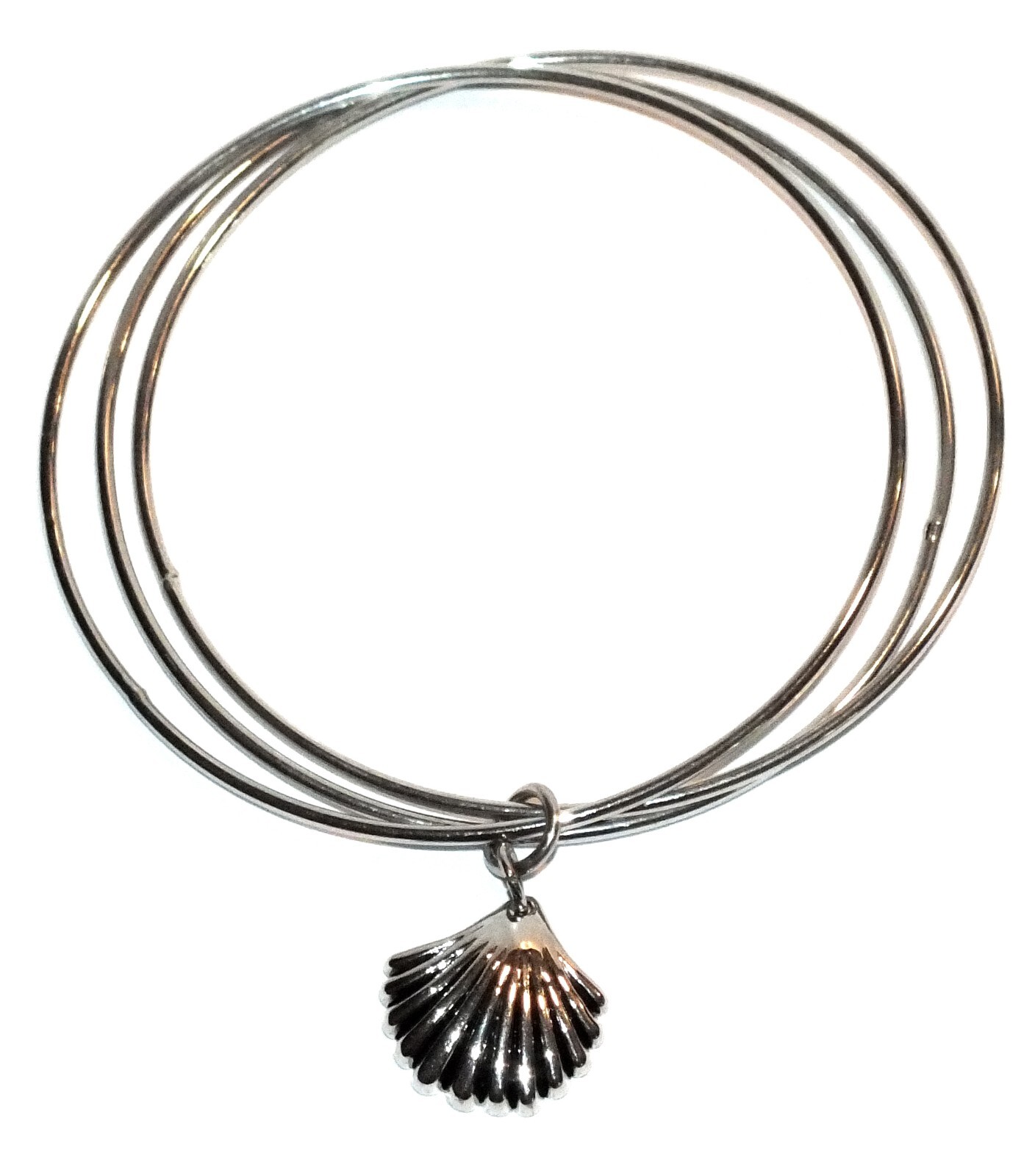 Silver Tone Bangle Bracelet 3 Bracelets Shell Charm Nautical Themed Jewelry J503