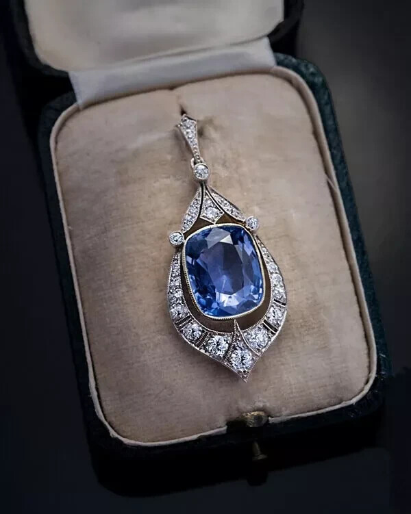 Art Deco Style Sapphire Lab-Created Diamond Wedding 14K White Gold FN Pendant
