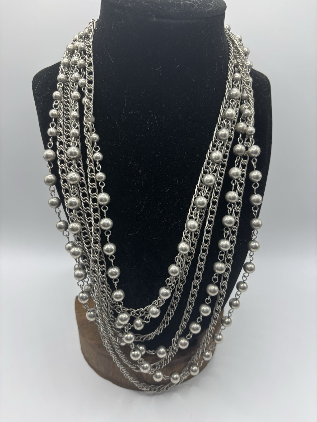 Vintage Silver Toned Layered Bead and Chain Statement Necklace