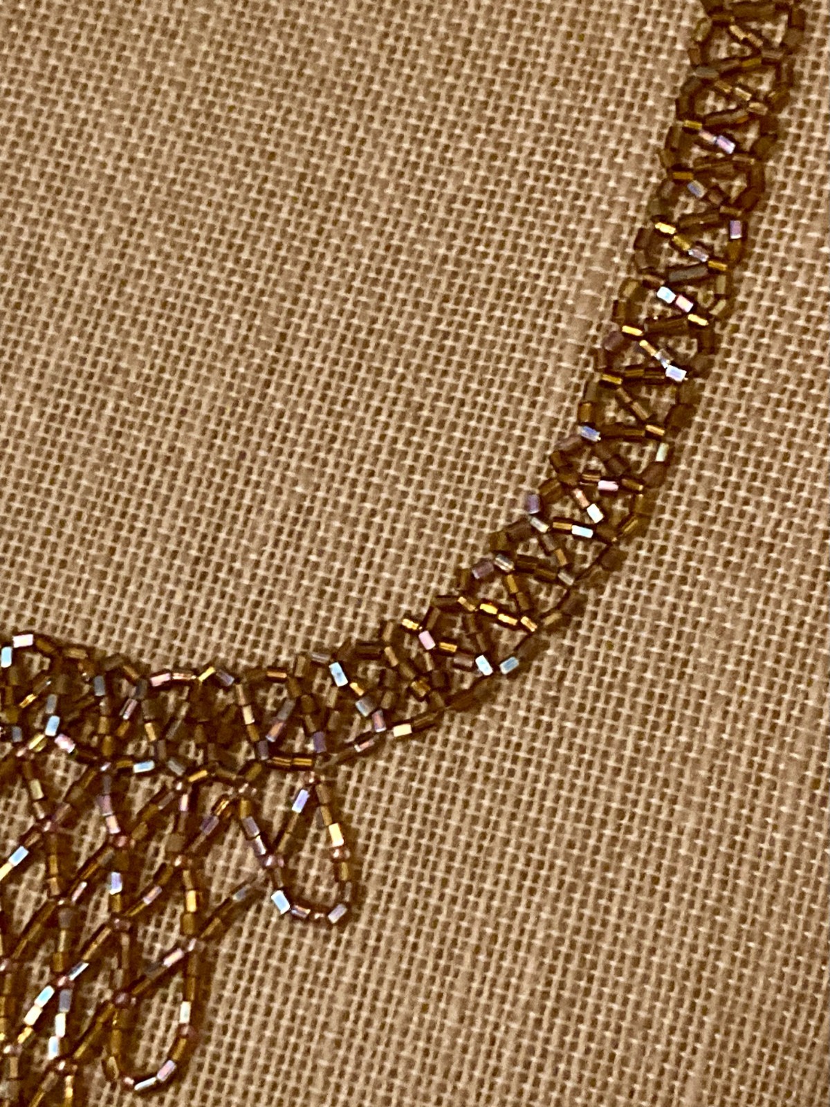 Vintage Glass Beaded Bib Necklace Bronze Color AB Intricate