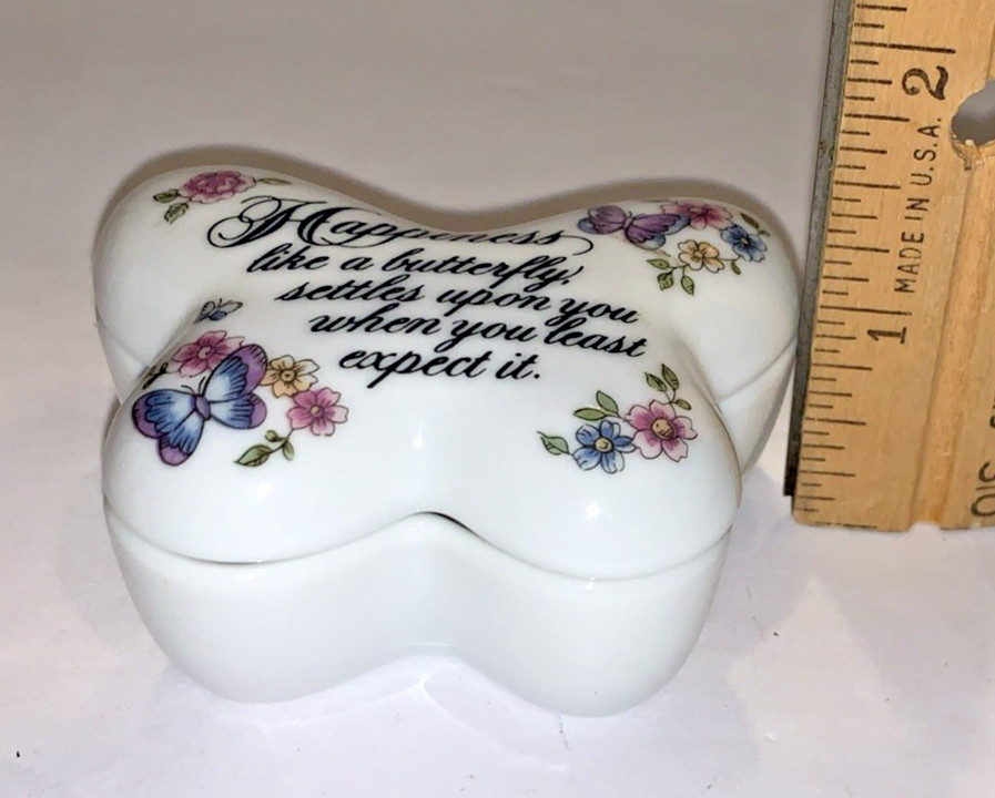 1984 Vintage Avon Porcelain Butterfly Trinket Box & Earrings Happiness
