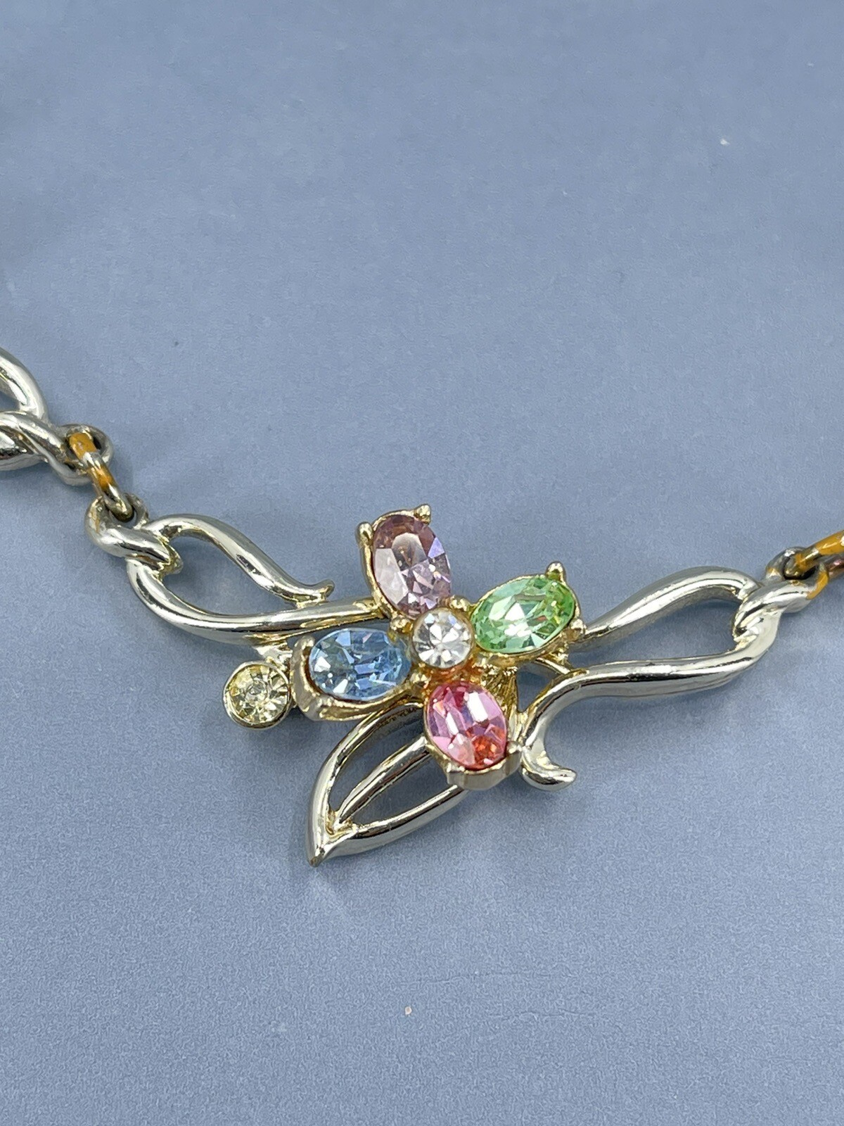 Kramer Flower Necklace Choker multi colored Rhinestones gold tone 15″
