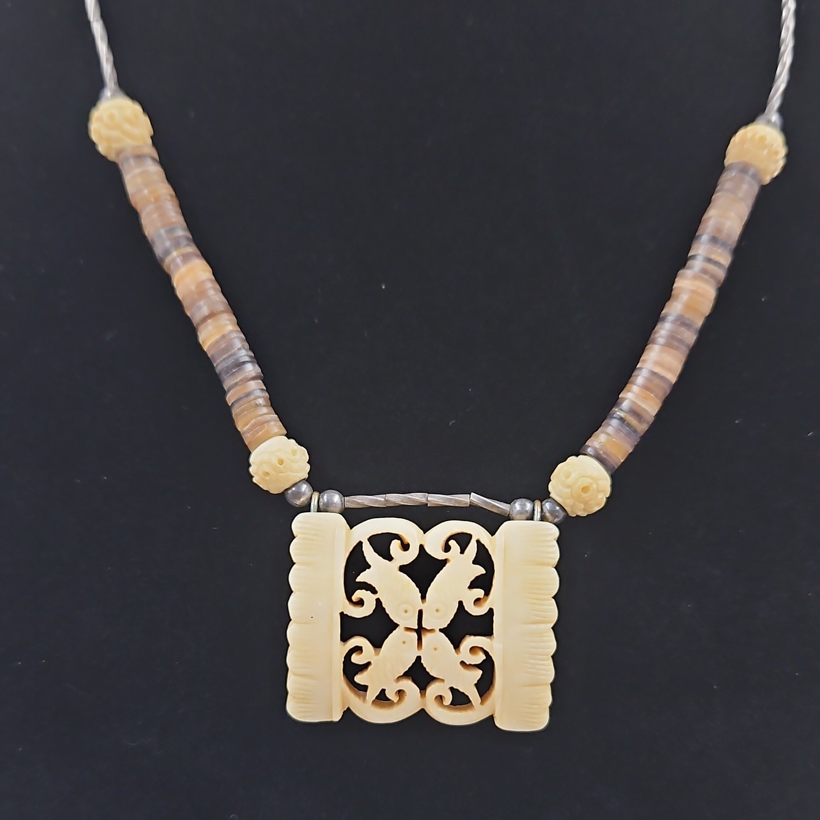 925 Sterling Silver Carved Bovine Bone Pendant Natural Material Necklace