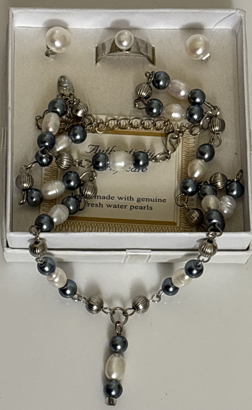 Genuine Fresh Water Pearl Necklace. Authenticity Cert. Matching Ring & Earrings