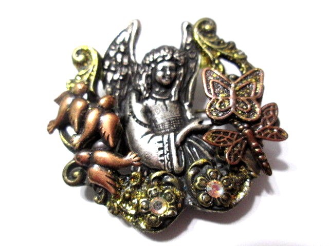 Signed KC Vintage Angel in Forest Birds Butterflies Mixed Metal Brooch Pin