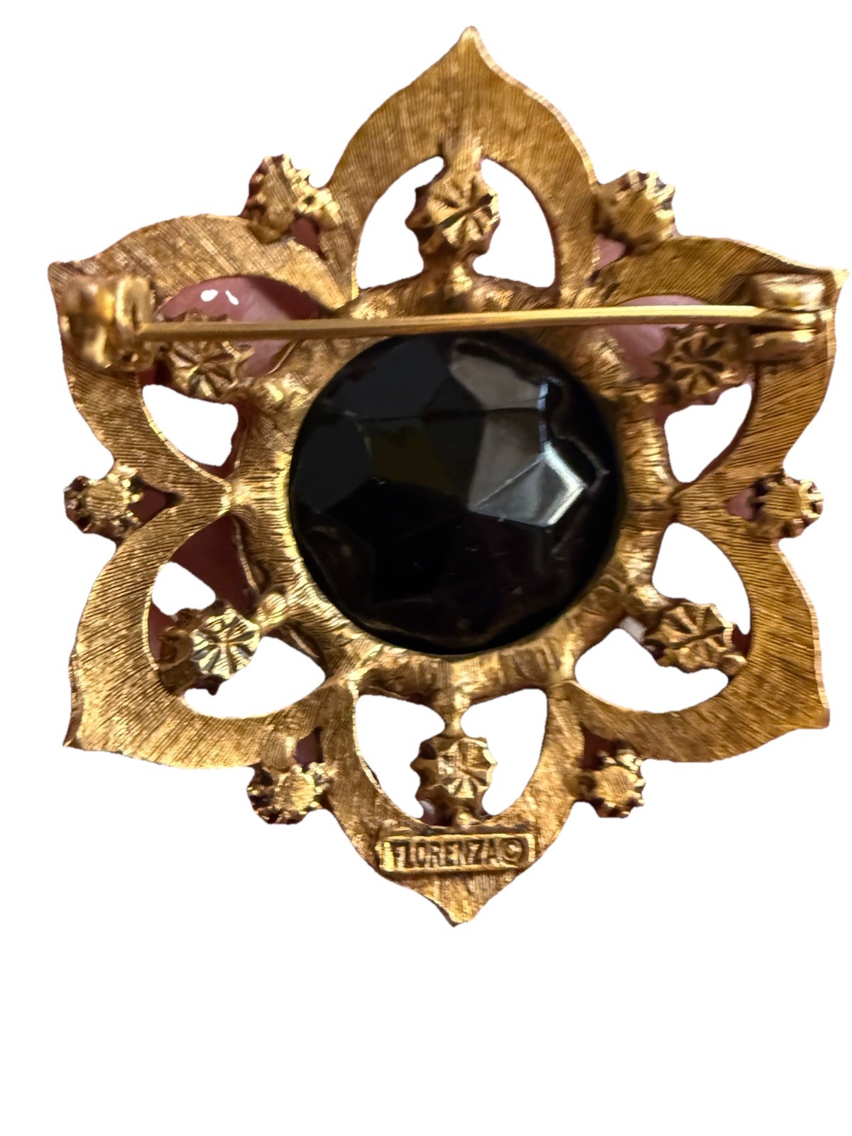 Gorgeous Vintage Faceted Black And Gold Tone Signed Florenza Brooch Pin