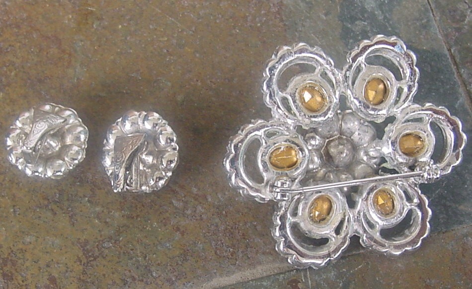Vintage Clear Rhinestone Brooch and Earing Set Silver Tone Metal