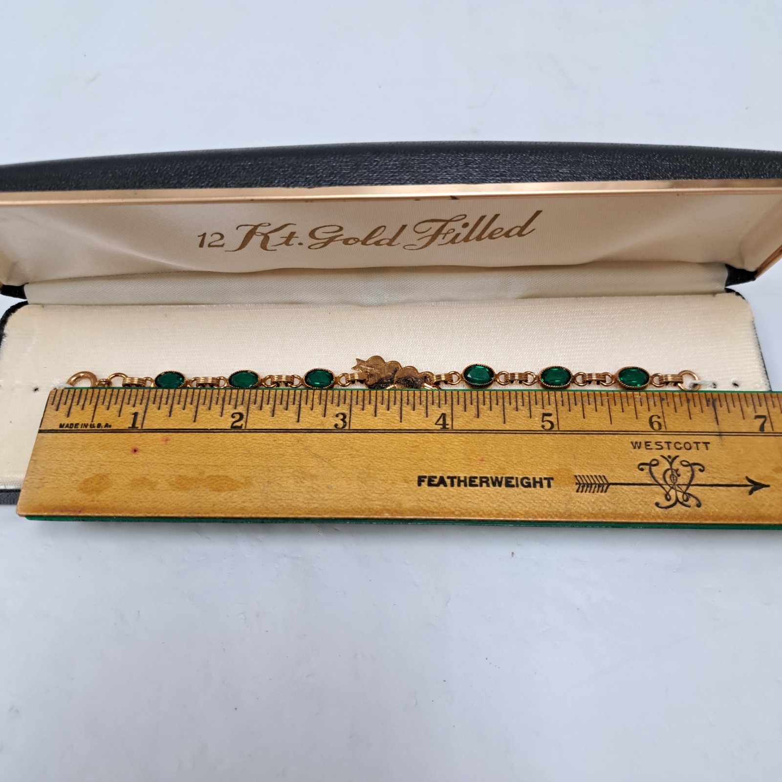 Vintage 6.5 In 12k Gold Filled Green Stone Double Heart Tennis Bracelet With Box