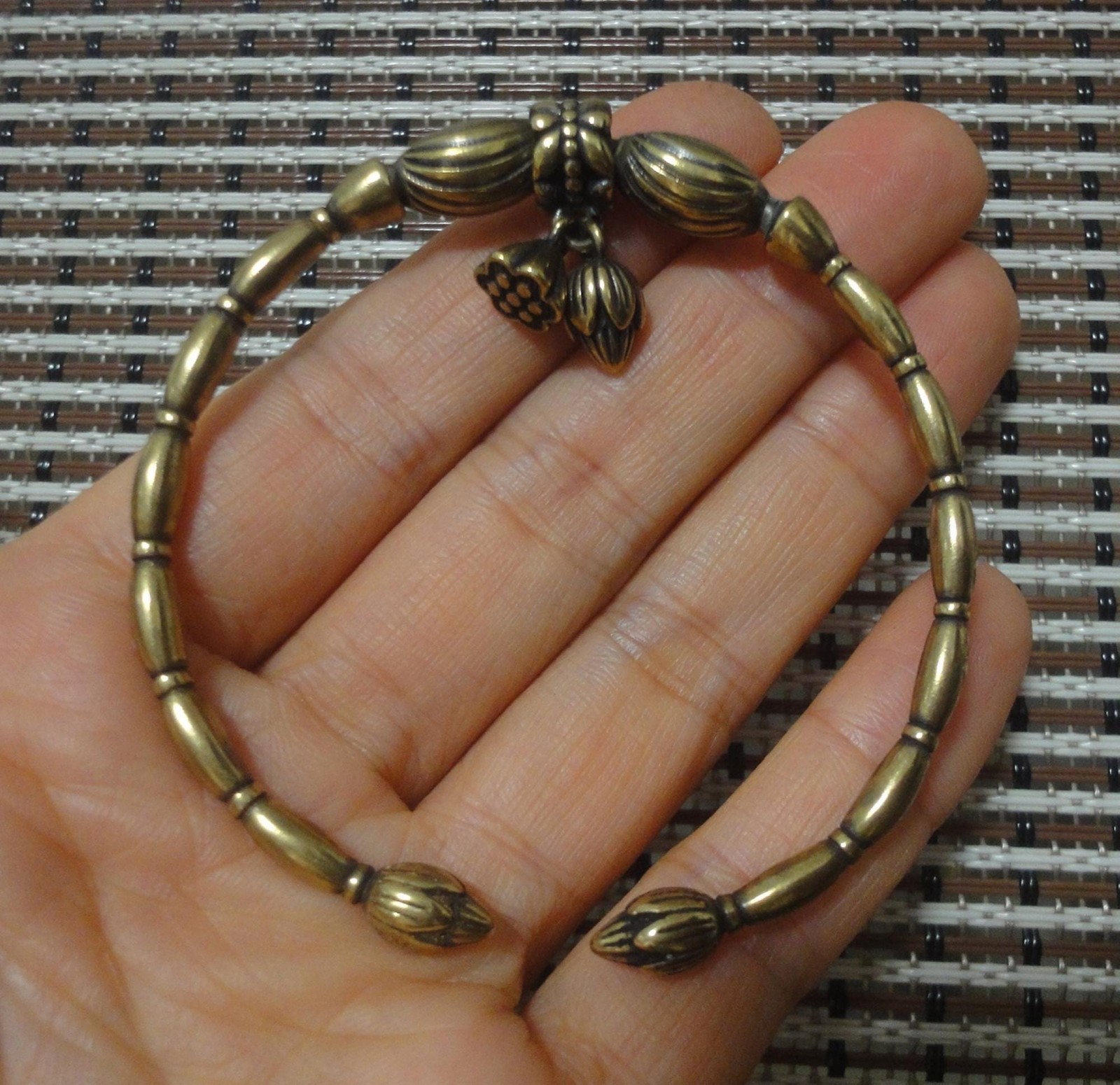 Vintage Knick Knacks Solid Brass Lotus Flower and Seed Dangle Bracelet Bangle
