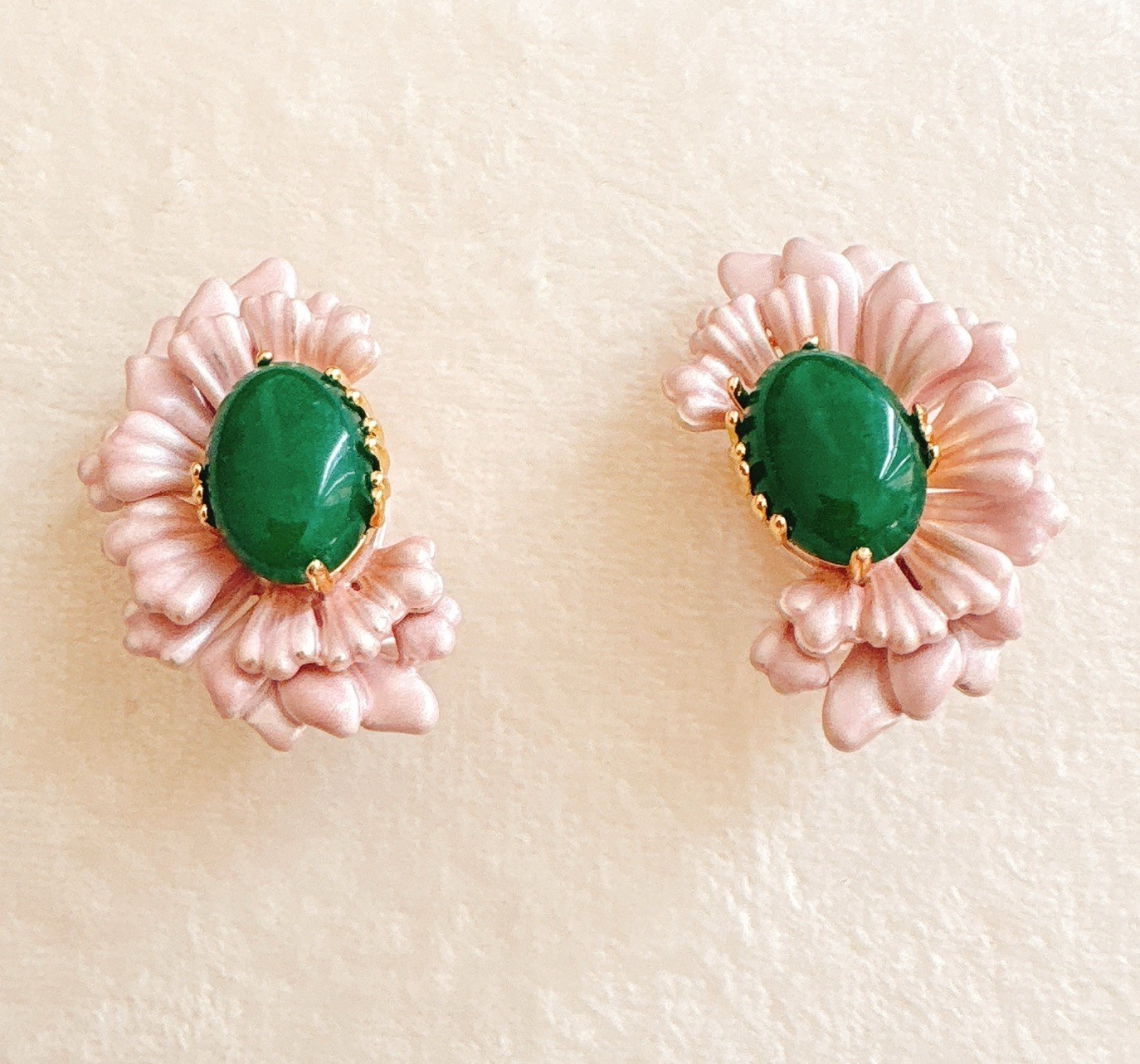 Pink Enamel Floral Earrings with Green Jade-Style Center-Vintage Style
