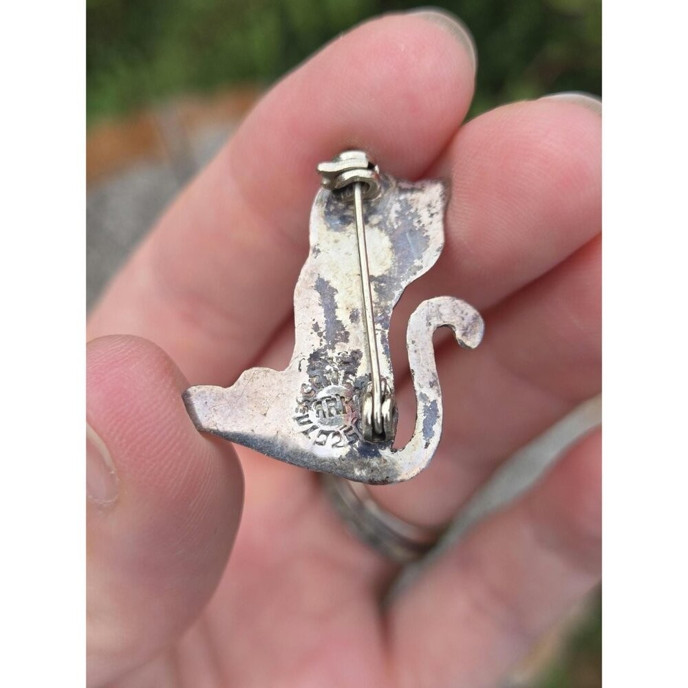 Taxco Cat Brooch Pin Abalone Shell Sterling Silver Vintage Jewelry Cute Retro