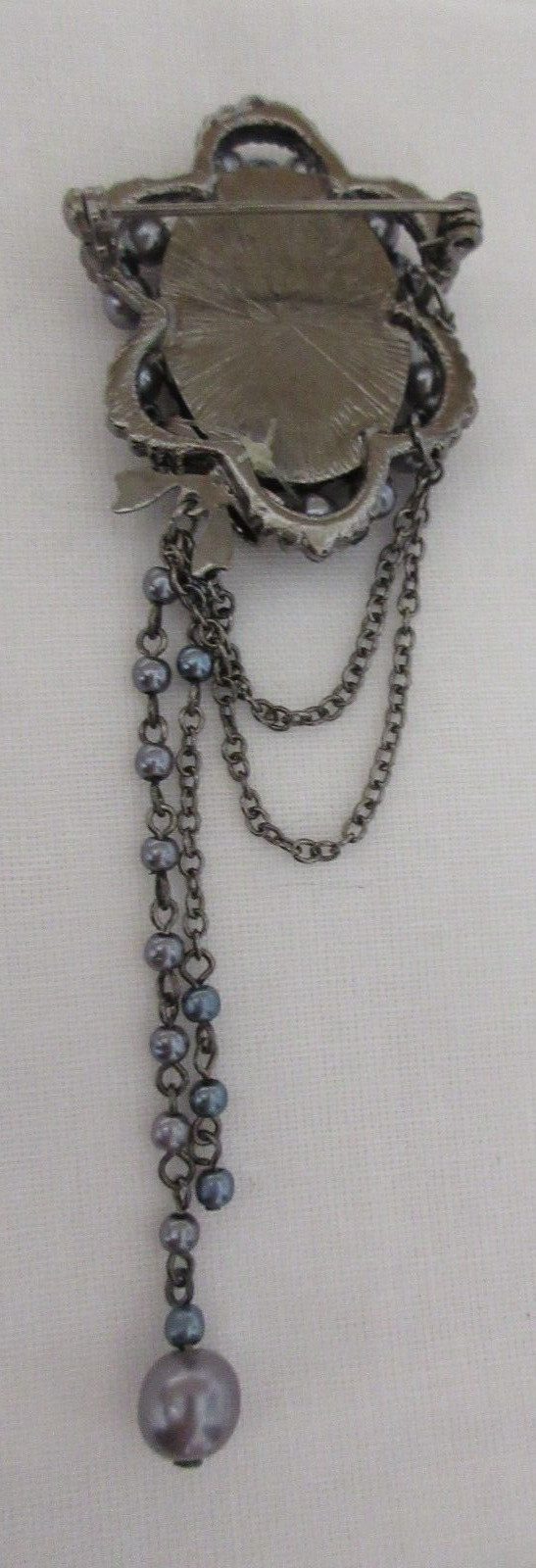 Vintage Dark Metal Black Faceted Glass, Grey Faux Pearl & Rhinestone Brooch