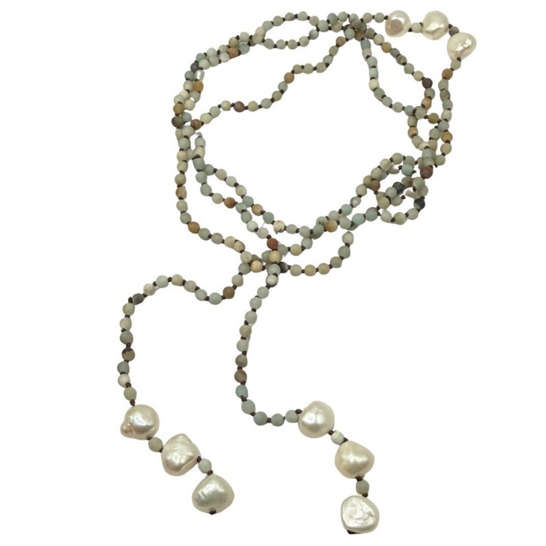 Amazonite Bead Natural Color Lariat Wrap Necklace Baroque Pearl Tassel Ends