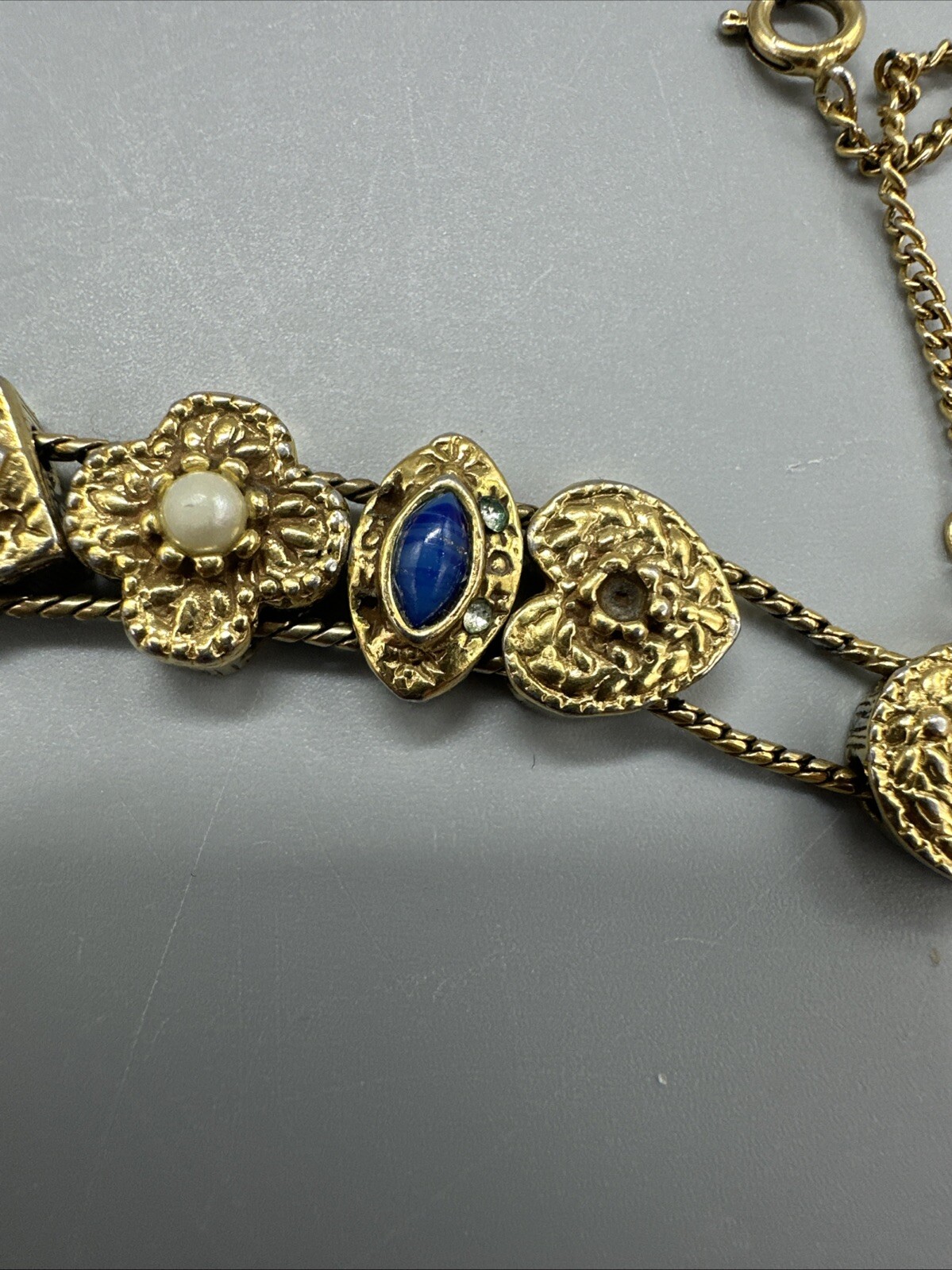 Vintage Signed Goldette NY Multiple Gemstones Safety Chain Slide Charm Bracelet