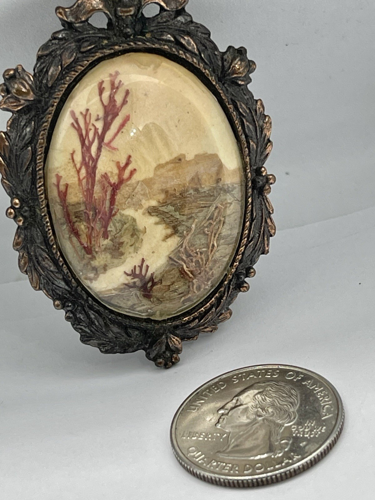 Vintage W. Australia Bark Painting Collage Landscape Copper Color Brooch Pendant